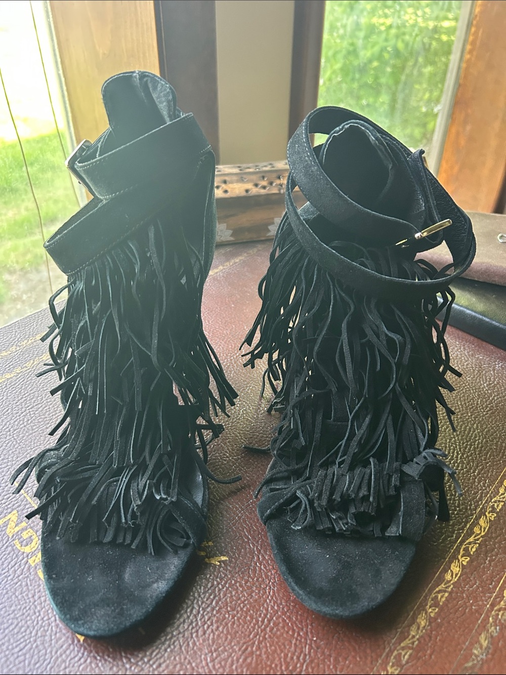 Jeffrey Campbell Black Fringe Suede Women's Heeled Sandals
